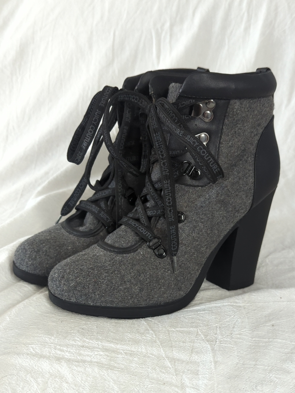 Juicy Couture Kaspar Grey Wool Lace Up Heeled Ankle Boots 6.5